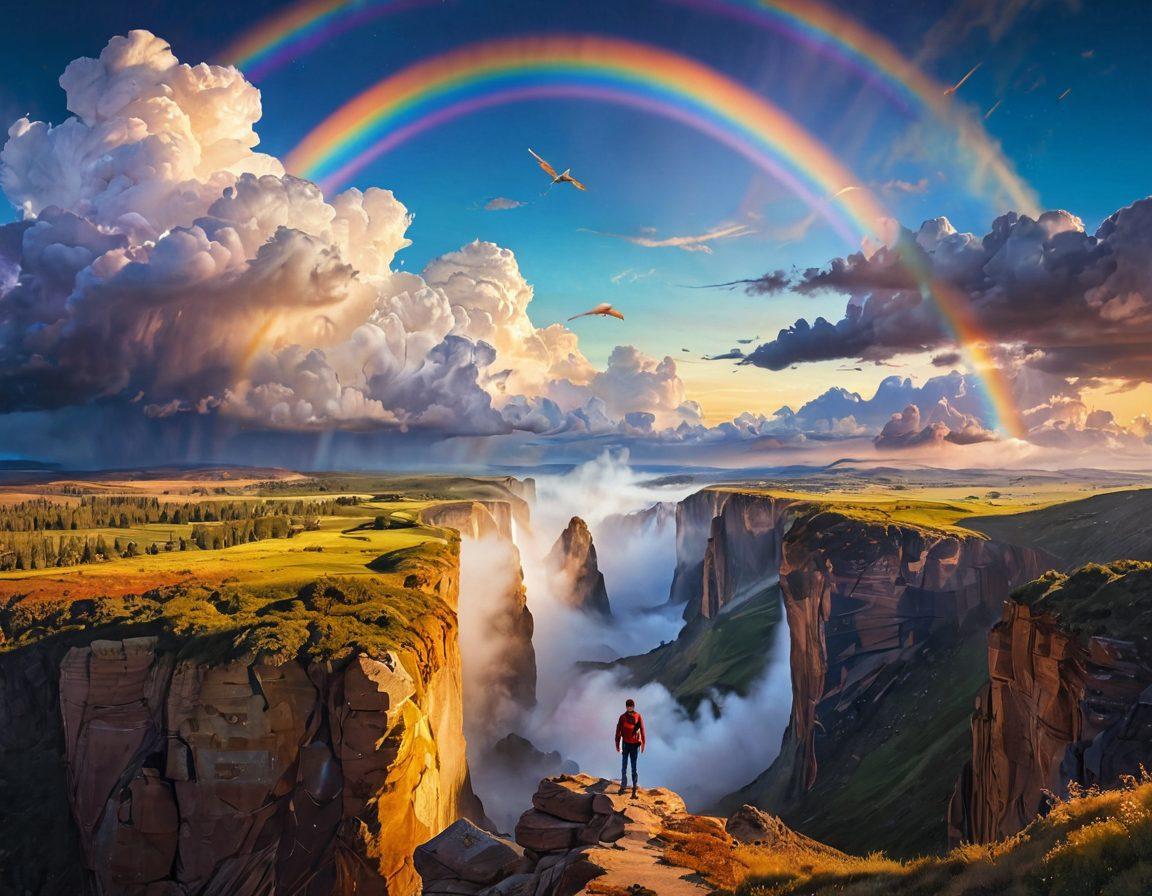 A stunning visualization of a dreamlike landscape, where a person stands on a cliff overlooking a valley filled with vibrant colors and oversized golden tickets floating in the air, symbolizing winning big in sweepstakes. Ethereal clouds swirl around while a rainbow arcs majestically in the background. The scene conveys excitement and possibility, inviting viewers to imagine their own lucky moment. surrealistic. vibrant colors. dreamy atmosphere.