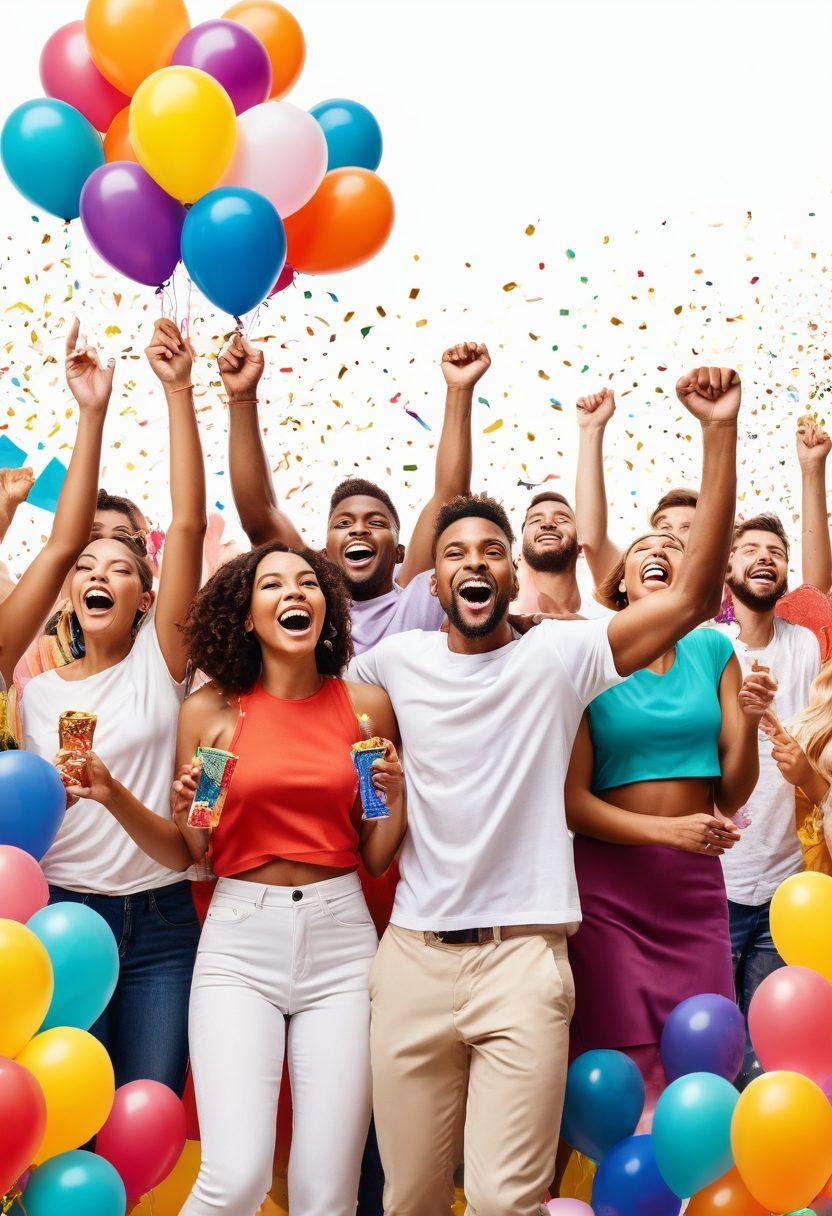 A colorful celebration scene showcasing diverse individuals joyfully holding various prizes and gifts, surrounded by confetti and balloons. In the background, a vibrant banner reads 'Celebrate Every Win'. The atmosphere is filled with excitement and enthusiasm, conveying a sense of accomplishment and happiness. Bright and cheerful colors enhance the festive mood. super-realistic. vibrant colors. white background.