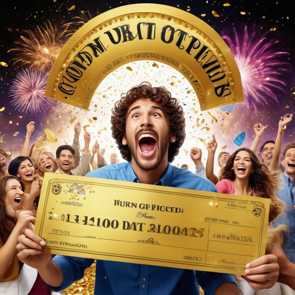 A festive scene showcasing jubilant people celebrating a lottery win, surrounded by overflowing colorful confetti and sparkling fireworks in the background. Display a large golden ticket in the foreground with intricate designs, symbolizing luck and fortune. Include elements like trophies, cash, and vibrant balloons to emphasize joy and excitement. super-realistic. vibrant colors. white background.